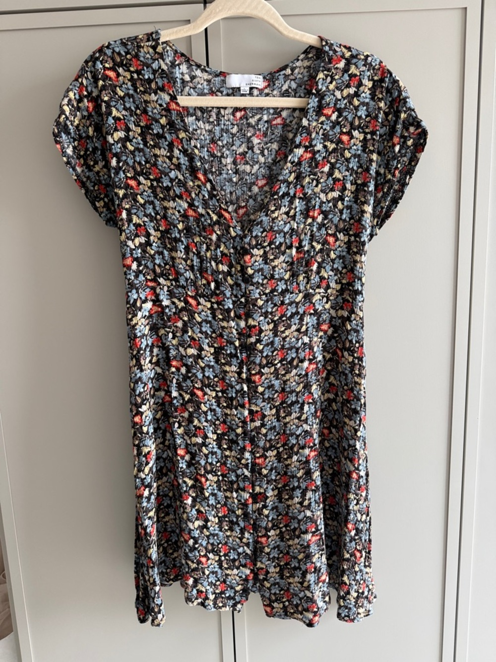 Ten Sixty Sherman Black Mini Dress with Red, Blue & Cream Floral Print